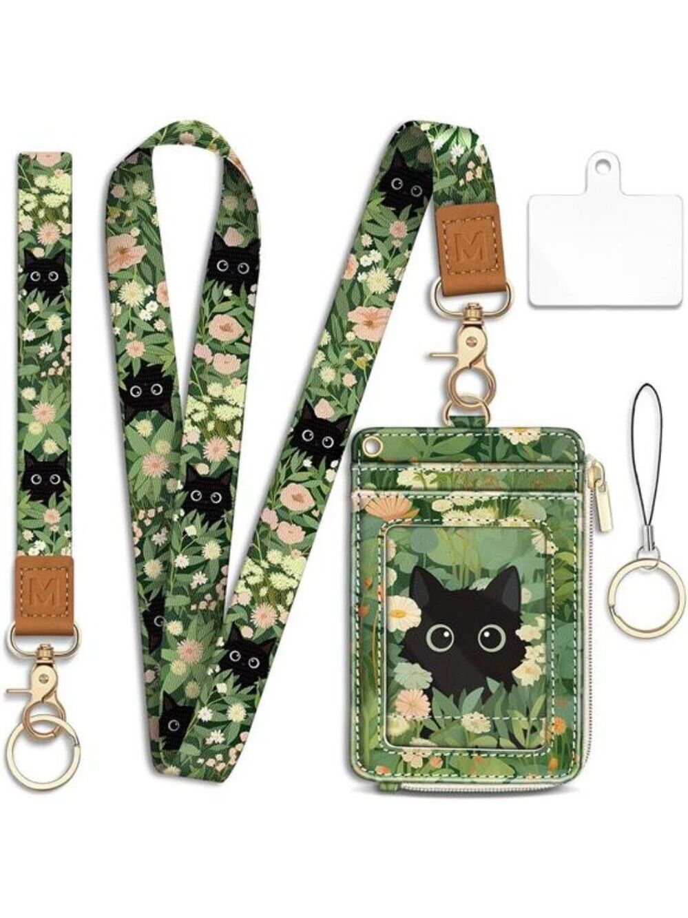 Floral Cat Lanyard Wallet ID Badge Holder RFID Keychain Wristlet Card Holder